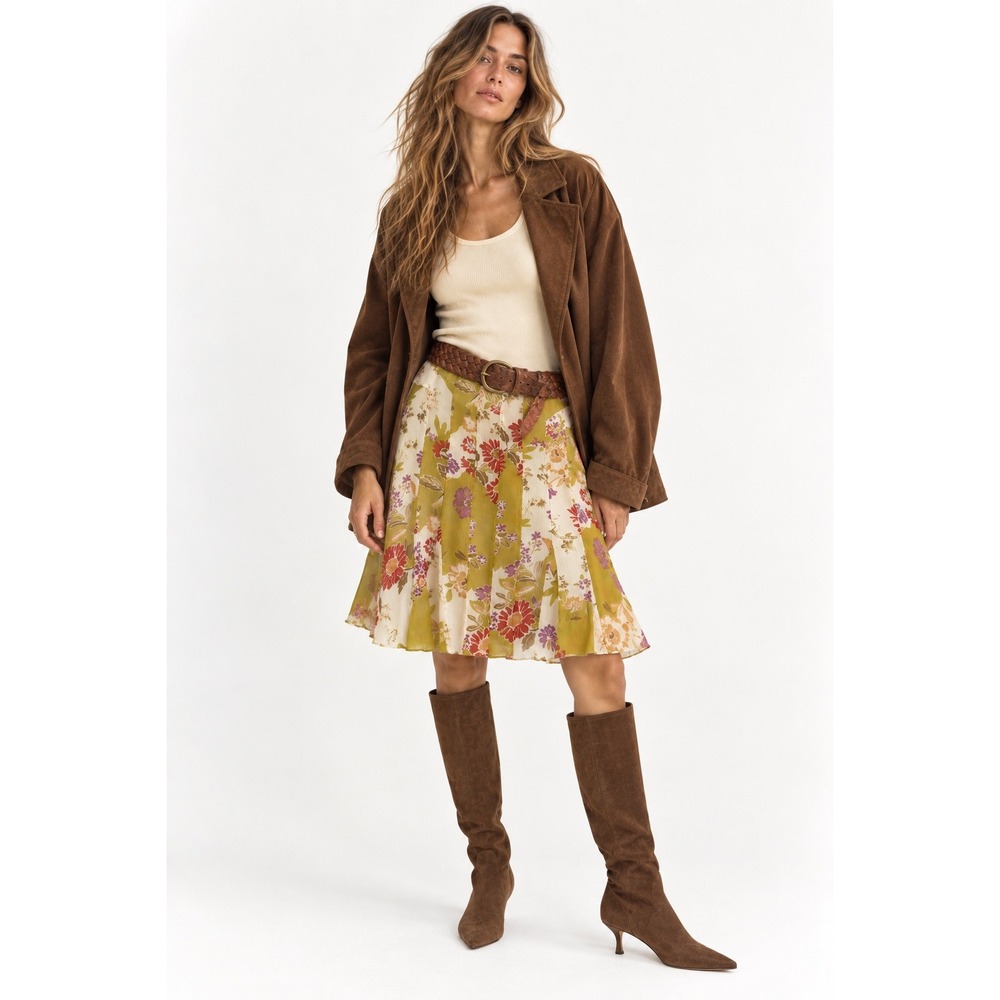 Intuitions 100% Silk Floral Boho A-Line Flowy Skirt Chartreuse Size 6 Y2K BOHO